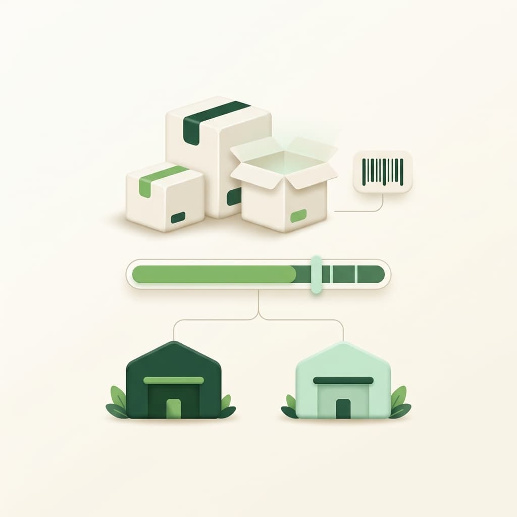 Illustration of stock boxes with a barcode label, a stock-level bar and two warehouses
