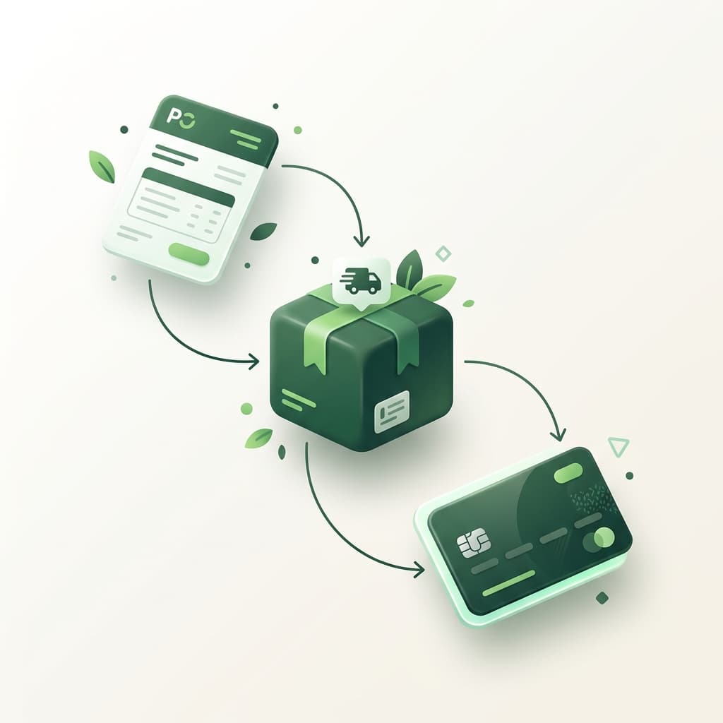Illustration of a purchase order becoming a delivered package and a card payment